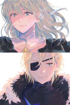 1boy 1girl 43_pon alternate_hair_color bad_id bad_twitter_id blonde_hair blue_eyes female_byleth_(awakened)_(fire_emblem) female_byleth_(fire_emblem) closed_mouth dimitri_alexandre_blaiddyd dimitri_alexandre_blaiddyd_(timeskip) eyepatch fire_emblem fire_emblem:_three_houses fur_trim green_hair hair_between_eyes highres long_hair looking_at_viewer nintendo short_hair simple_background smile split_screen upper_body white_background wind
