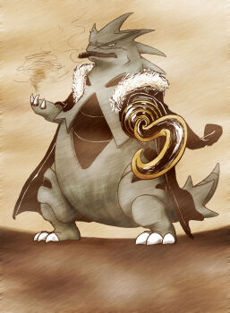 1boy bad_id bad_pixiv_id cigar coat crocodile_(one_piece) fur_coat fusion gen_2_pokemon hook_hand jewelry looking_at_viewer male_focus nintendo one_piece piercing pokemon pokemon_(creature) power_connection ragi_(nad) ring sand scar smoking solo standing tyranitar white_eyes