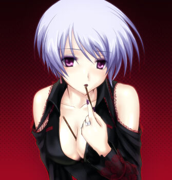 1girl bare_shoulders black_dress blue_hair blush breasts chaos;head cleavage clothing_cutout collarbone dress food goth_fashion jewelry kishimoto_ayase lips looking_at_viewer medium_breasts nail_polish phantasm pocky purple_eyes robber-krzk science_adventure short_hair shoulder_cutout simple_background solo swept_bangs upper_body