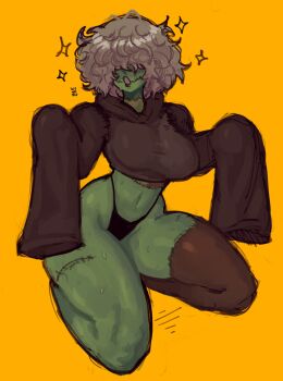 1girl absurdres black_hoodie breasts colored_skin commentary cropped_hoodie english_commentary facing_viewer full_body green_skin grey_hair hair_over_eyes highleg highleg_one-piece_swimsuit highres hood hoodie large_breasts long_bangs long_sleeves no_panties one-piece_swimsuit open_mouth original short_hair simple_background sitting sleeves_past_fingers sleeves_past_wrists solo sparkle stitched_face stitched_leg stitched_neck stitches swimsuit widisu yellow_background zombie