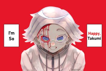 1boy aotsuki_eito blood blood_from_forehead blood_on_face bloody_tears blue_eyes crazy_eyes english_text eyebrows glasses grin highres looking_at_viewer male_focus red_background simple_background smile solo solo_focus teeth the_hundred_line_-last_defense_academy- upper_body white_hair