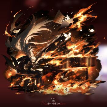 2boys 7ra9_mplove add_(elsword) age_difference aged_down alternate_costume bare_shoulders black_choker black_coat black_dress black_pants black_sclera black_shoes black_suit bright_pupils burning burning_paper choker coat colored_sclera commentary covered_eyes crossdressing crossdressing_(mtf) cuff_links dress dress_shoes dual_persona elsword embers english_commentary expressionless falling_flower falling_petals fire floating_clothes floating_hair flower flying_paper formal_clothes full_body grin hair_between_eyes hair_over_eyes hand_up highres holding holding_flower instrument korean_text long_hair long_sleeves looking_at_viewer looking_to_the_side mad_paradox_(elsword) male_focus medium_dress mismatched_sclera multiple_boys music off-shoulder_dress off_shoulder pants paper petals piano_bench pink_eyes playing_instrument playing_piano puckered_lips red_background see-through_clothes see-through_sleeves sharp_teeth sheet_music shoes short_hair short_sleeves side-by-side sitting smile suit tailcoat teeth very_long_hair white_flower white_hair white_pupils wind