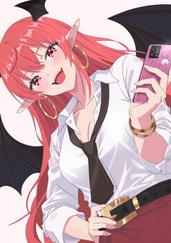 1girl absurdres alternate_costume bangle belt black_belt bracelet breasts brown_necktie cellphone cleavage collarbone collared_shirt commentary_request demon_wings earrings head_wings highres holding holding_phone hoop_earrings jewelry koakuma large_breasts long_hair looking_at_viewer loose_necktie necktie open_mouth phone pink_nails pointy_ears red_eyes red_hair red_skirt shirt skirt smartphone smile solo tinatama touhou very_long_hair white_shirt wings