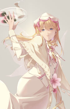 Rule 34 | absurdres, blonde hair, blue eyes, commentary request, dress flower, fish (food), flower, food, highres, lily white, long hair, looking at viewer, pink flower, qingshuiwuyin pary, sashimi, tokkuri, touhou, tray