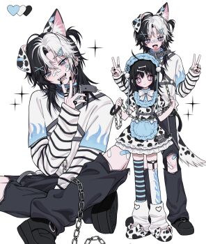 1boy 1girl ahoge animal_ears apron asymmetrical_legwear black_hair blue_apron blue_hat bow chain commentary dalmatian dog_boy dog_ears dog_tail dress e-kid_fashion fashion frills harness hat highres leash lolita_fashion long_hair loose_socks mismatched_legwear mullet multiple_views one_side_up original petticoat pkolypop pom_pom_(clothes) simple_background socks standing sweet_lolita symbol-only_commentary tail two_side_up v white_background white_bow yabi_fashion