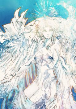 1girl blue_eyes breasts closed_mouth colored_skin copyright_name curtained_hair final_fantasy final_fantasy_xiv frown holding holding_sword holding_weapon hydaelyn long_hair medium_breasts no_pupils ruka_(blueplus84) solo sword weapon white_hair white_skin