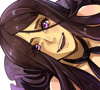 1girl bare_shoulders drag-on_dragoon drag-on_dragoon_3 hair_between_eyes kokomi_(aniesuakkaman) purple_eyes purple_hair smile solo three_(drag-on_dragoon)