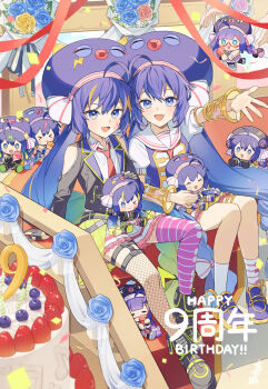 1other 2girls :d ahoge ankle_boots arm_guards arm_support arm_up asymmetrical_legwear bare_legs bare_shoulders belt black_belt black_boots black_gloves black_jacket blue_eyes blue_flower blue_hair blue_hat blue_nails blue_rose blue_shirt blue_shoes blueberry blush boots bouquet braid cake character_doll clothing_cutout collared_shirt commentary_request confetti doll double-parted_bangs dual_persona eel_hat facial_mark fang fingerless_gloves fishnet_thighhighs fishnets flower food fruit full_body gloves hair_between_eyes happy_birthday hat highres holding holding_doll huge_ahoge indoors jacket kneehighs knees_apart_feet_together knees_up lapels large_hat legwear_garter long_hair long_sleeves looking_at_viewer low-braided_long_hair low-tied_long_hair low_twintails miniskirt mismatched_socks mismatched_thighhighs multicolored_hair multiple_girls musical_note nail_polish necktie notched_lapels number_candle open_clothes open_jacket open_mouth orange_hair otomachi_una otomachi_una_(spicy) otomachi_una_(sugar) otomachi_una_(talkex) otomachi_una_(vocaloid6_spicy) otomachi_una_(vocaloid6_sugar) otomachi_una_(voicepeak) outstretched_arm petticoat pink_thighhighs pleated_skirt puffy_short_sleeves puffy_sleeves red_necktie rose sailor_collar shirt shoes short_sleeves shoulder_cutout single_fishnet_legwear sitting sitting_on_stairs skirt sleeveless sleeveless_shirt smile socks stairs strawberry streaked_hair striped_clothes striped_thighhighs suiso_sn3 talkex thighhighs translation_request twintails two-tone_hair very_long_hair vocaloid voicepeak white_sailor_collar white_shirt white_skirt white_socks zettai_ryouiki