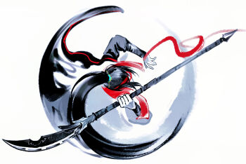 1boy black_coat black_hair black_hanfu chinese_clothes coat coat_on_shoulders family_hierarch_candidate_(identity)_(project_moon) guan_dao hanfu high_ponytail highres holding holding_polearm holding_weapon hong_lu_(project_moon) lalatuuuu limbus_company long_hair male_focus polearm ponytail project_moon simple_background solo stole very_long_hair weapon white_background