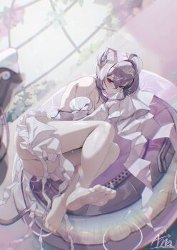 1girl absurdres ahoge annasui_factory breasts crossed_bangs detached_sleeves feet foot_focus frills goddess_of_victory:_nikke hair_between_eyes hair_intakes hairband headgear highres indoors jellyfish jellyfish_girl leotard liberalio_(nikke) long_sleeves looking_at_viewer lying on_side pantyhose purple_hair red_eyes short_hair_with_long_locks signature sleeves_past_fingers sleeves_past_wrists small_breasts solo white_leotard white_pantyhose white_sleeves