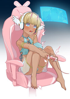 1boy bare_shoulders barefoot blonde_hair blush bulge collarbone commission controller elf game_controller gamepad heart heart-shaped_pupils highres holding holding_controller holding_game_controller male_focus mubo original pixiv_commission pointy_ears short_hair shota sitting symbol-shaped_pupils tan trap