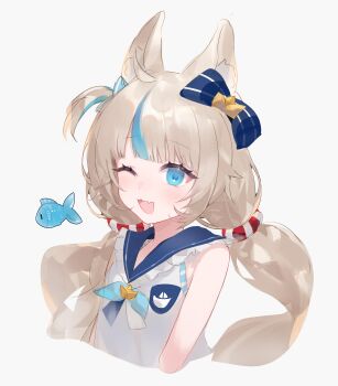 Rule 34 | 1girl, :3, absurdres, ahoge, animal ear fluff, animal ears, arms at sides, bare arms, blonde hair, blue eyes, blue hair, blue neckerchief, blue ribbon, blue streaks, cat ears, commentary, cropped torso, dress, fang, fish, hair ribbon, highres, indie virtual youtuber, lifebuoy hair ornament, light blush, long hair, looking at viewer, low twintails, multicolored hair, neckerchief, nekomeen, one eye closed, one side up, open mouth, paper boat, ribbon, sailor collar, sailor dress, sameko saba, sameko saba (fish), simple background, simple fish, skin fang, sleeveless, sleeveless dress, smile, solo, streaked hair, tongue, twintails, very long hair, virtual youtuber, white background, white dress
