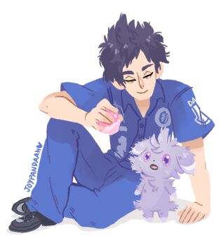 Rule 34 | 1boy, artist name, black hair, black shoes, blue pants, blue shirt, closed mouth, collared shirt, commentary, crossover, english commentary, espurr, eyelashes, fan request, food, full body, gen 6 pokemon, green eyes, holding, holding food, joypandaah, kyokugen dasshutsu, kyokugen dasshutsu adv: zennin shibou desu, male focus, nintendo, open mouth, pants, poke puff, pokemon, pokemon (creature), shirt, shoes, short hair, short sleeves, sigma (kyokugen dasshutsu), simple background, sitting, smile, tumblr ask, white background