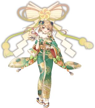 1girl arrow_(projectile) artist_request bag blonde_hair blush bow breasts floral_print floral_print_kimono flower full_body game_cg gloves green_kimono hair_bow hair_flower hair_ornament handbag headband highres holding holding_arrow japanese_clothes kimono legend_clover long_sleeves multiple_hair_bows official_alternate_costume official_art open_mouth pink_eyes print_kimono siegfried_(legend_clover) solo third-party_source transparent_background