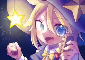 Rule 34 | 1girl, :d, blonde hair, blue background, blue eyes, blue hat, bow, bowtie, braid, commentary request, cookie (touhou), fang, glowing, hair bow, hat, hat ornament, highres, holding, holding instrument, hyoushigi, instrument, kirisame marisa, long hair, looking at viewer, melanin shikiso, open mouth, red bow, ruka (cookie), side braid, single braid, smile, solo, star (symbol), star hat ornament, touhou, upper body, witch hat, yellow bow, yellow bowtie