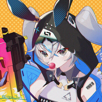Rule 34 | 1girl, animal ears, barcode, barcode tattoo, black gloves, black jacket, black shorts, bronya zaychik, bronya zaychik (haxxor bunny), bullpup, chewing gum, commentary, drill hair, english commentary, fake animal ears, full body, gloves, grey eyes, grey hair, gun, highres, holding, holding gun, holding weapon, honkai (series), honkai impact 3rd, jacket, long sleeves, p90, polka dot, polka dot background, rabbit ears, reremjun, shorts, solo, submachine gun, tattoo, twin drills, upper body, weapon, yellow background