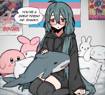 Rule 34 | 1girl, absurdly long hair, ahoge, bed, black nails, blue eyes, blue hair, blush, clenched hand, dialogue box, english text, flag, glasses, hair ornament, highres, hood, hoodie, ikea shark, japanese text, kirby (series), long hair, lucky star, mahou shoujo madoka magica, my melody (series), nintendo, pillow, poster (object), sanrio, seiza, sitting, snale, solo, stuffed animal, stuffed shark, stuffed toy, thighhighs, thighs, transgender flag, triangle mouth, very long hair, vocaloid