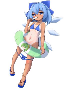 anklet bad_id bad_pixiv_id bikini blue_bikini blue_eyes blue_sandals cirno convenient_censoring dutch_angle flip-flops food full_body gold_anklet highres holding holding_food holding_popsicle holding_swim_ring ice ice_wings innertube jewelry loli looking_at_viewer navel panties panty_pull popsicle sandals simple_background standing stomach sweatdrop swim_ring swimsuit tan tanline tanned_cirno tede touhou underwear white_background wings