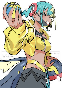Rule 34 | 1girl, absurdres, aqua hair, bandeau, black pants, blonde hair, blush, breasts, canari (pokemon), cowboy shot, crop top, cropped jacket, dark-skinned female, dark skin, eelektross, gen 5 pokemon, green eyes, grin, hand up, haruyuki (gffewuoutgblubh), highres, jacket, multicolored hair, multicolored nails, navel, nintendo, odaibako, open clothes, open jacket, pants, poke ball, pokemon, pokemon legends: z-a, quick ball, short hair, small breasts, smile, standing, two-tone hair, white background, yellow jacket