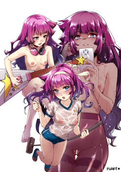 1girl :d bar_censor barefoot blue_buruma blue_eyes breasts buruma cameltoe cellphone censored cleft_of_venus collarbone covered_erect_nipples crossed_legs electric_guitar floating_hair gibson_flying_v groin guitar gym_uniform hand_in_own_hair headband headphones headphones_around_neck high-waist_pantyhose highres holding holding_instrument holding_phone instrument kirishima_romin long_hair looking_at_viewer mibry_(phrysm) mons_pubis music nipples no_bra no_panties nude open_mouth pantyhose phone playing_instrument mons_pubis purple_hair pussy selfie shirt simple_background small_breasts smartphone smile sweatdrop taking_picture thigh_gap thighband_pantyhose topless_female very_long_hair wet wet_clothes wet_shirt white_background white_headband white_shirt yu-gi-oh! yu-gi-oh!_sevens