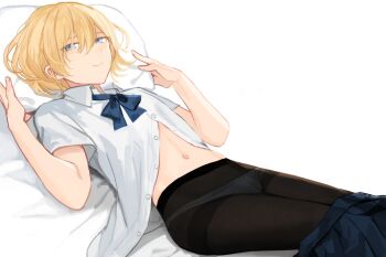 1boy bed_sheet black_pantyhose blonde-haired_boy_(sunaba_(nczd5875)) blonde_hair blue_bow blue_bowtie blue_eyes blue_skirt bow bowtie closed_mouth clothes_pull collared_shirt commentary_request crossdressing crossdressing_(mtf) feet_out_of_frame from_side hair_between_eyes hair_over_one_eye head_on_pillow looking_at_viewer lying male_focus medium_hair midriff navel on_back original panties pantyhose partial_commentary partially_unbuttoned pillow pleated_skirt see-through_clothes see-through_pantyhose shirt short_sleeves skirt skirt_pull smile solo sunaba_(nczd5875) trap underwear white_background white_panties