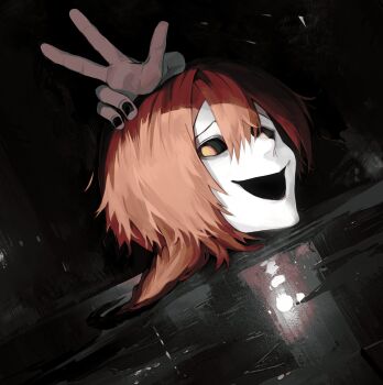 1boy absurdres braid commentary english_commentary highres homicipher long_hair male_focus mr._chopped night orange_eyes orange_hair outdoors puddle rain severed_head severed_limb solo v yonq98