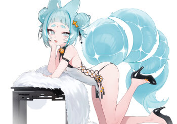 Rule 34 | 1girl, ahoge, animal ears, arched bangs, arm strap, bare legs, bare shoulders, bell, black shoes, blue eyes, blue hair, blue tail, blunt bangs, breasts, bright pupils, china dress, chinese clothes, cleavage cutout, clothing cutout, commentary, cross-laced clothes, cross-laced dress, double bun, dress, elbow rest, facial mark, fang, feather boa, forehead mark, from side, hair bun, hair ornament, hand on own cheek, hand on own face, head rest, high heels, highres, hoshi usagi, jingle bell, looking at viewer, mercedes (hoshi usagi), multicolored hair, neck bell, open mouth, original, pumps, shoes, short dress, short eyebrows, short hair, simple background, skin fang, sleeveless, sleeveless dress, slit pupils, small breasts, solo, streaked hair, table, thick eyebrows, white background, white dress, white hair, white pupils
