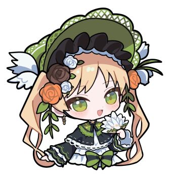 1girl :d black_capelet black_flower black_rose blonde_hair bonnet bow capelet chibi chibi_only commentary_request earrings feather_fan flower green_bonnet green_bow green_eyes hair_flower hair_ornament hand_fan highres holding holding_fan jewelry lolita_fashion long_hair looking_at_viewer mahou_shoujo_no_majo_saiban open_mouth orange_flower orange_rose rose simple_background smile solo tono_hanna twintails waipiiy white_background white_flower white_rose