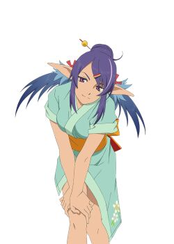 Rule 34 | 1girl, aqua kimono, artist request, blue hair, breasts, cowboy shot, game cg, hair ornament, japanese clothes, judith (tales), kimono, long hair, looking at viewer, medium breasts, multicolored hair, official alternate costume, official art, pointy ears, purple eyes, purple hair, short sleeves, smile, solo, tales of (series), tales of asteria, tales of vesperia, third-party source, transparent background, twintails, two-tone hair