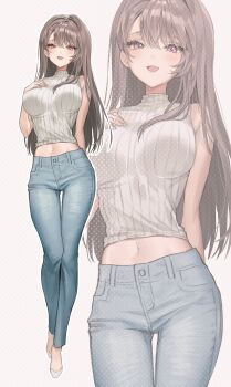 1girl bare_arms bare_shoulders blue_pants breasts brown_hair crop_top denim full_body fymrie hand_on_own_chest hand_up highres large_breasts long_hair looking_at_viewer midriff navel open_mouth original pants red_eyes ribbed_shirt shirt shoes simple_background sleeveless sleeveless_shirt sleeveless_turtleneck smile solo stomach turtleneck white_background white_shirt zoom_layer