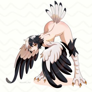 1girl absurdres bird_legs bird_tail black_feathers black_hair claws commentary commission english_commentary feathered_wings feathers harpy highres leaning_forward looking_at_viewer monster_girl multicolored_hair nude original short_hair solo tail talons tongue tongue_out twitter_username two-tone_hair two-tone_wings unreal_fish white_feathers white_hair winged_arms wings yellow_eyes