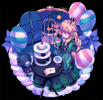 1girl a_hat_in_time animated animated_gif balloon bird birdcage blonde_hair cage cake closed_mouth crown dress elbow_gloves envelope female_focus food glitch gloves glowing glowing_eyes green_dress green_gloves hair_over_eyes hat_kid kanpachi999 long_hair plate queen_vanessa signature sitting smile solo stuffed_animal stuffed_toy table tea teddy_bear wavy_hair wax_seal window