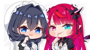 Rule 34 | 2girls, black ribbon, blue eyes, blue hair, blush, blush stickers, braid, braided ponytail, breasts, chibi, cleavage, commentary, fpsmoe, frilled sleeves, frills, hair intakes, hand up, heterochromia, hololive, hololive english, index finger raised, irys (hololive), juliet sleeves, long hair, long sleeves, looking at viewer, multiple girls, no nose, nose blush, ouro kronii, ouro kronii (maid), pointy ears, puffy sleeves, red hair, ribbon, tongue, tongue out, upper body, virtual youtuber