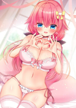 Rule 34 | 1girl, :d, blue eyes, blue pupils, blush, bow, bow bra, bra, breasts, cat hair ornament, choker, cleavage, collarbone, commentary, cowboy shot, crossed bangs, curvy, day, dutch angle, eyes visible through hair, four-finger heart hands, frilled panties, frilled pillow, frills, groin, hair between eyes, hair bow, hair ornament, hamidashi creative, hands up, heart, heart hands, heart in eye, highres, indoors, lace, lace-trimmed bra, lace trim, large breasts, lingerie, long hair, looking at viewer, low twintails, navel, nekota min, on bed, open mouth, panties, pillow, pink bow, pink bra, pink hair, pink pillow, side-tie panties, sitting, smile, solo, stomach, straight hair, symbol in eye, thigh gap, thighhighs, thighs, tokiwa kano, twintails, underwear, underwear only, untranslatable commentary, very long hair, white choker, white panties, white thighhighs, winter, yellow bow