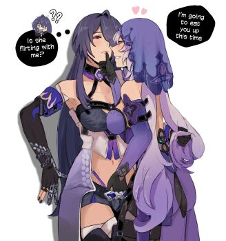 2girls ? absurdres acheron_(honkai:_star_rail) bandaged_arm bandages belt black_belt black_choker black_swan_(honkai:_star_rail) breasts choker cleavage commentary detached_sleeves dress english_commentary highres honkai:_star_rail honkai_(series) long_hair midriff mole mole_on_back multiple_girls purple_dress purple_hair purple_veil single_bare_shoulder speech_bubble veil white_background yuri zanqi