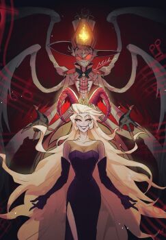 Rule 34 | 1boy, 1girl, blonde hair, blush stickers, carrying, commentary, couple, demon boy, demon girl, demon horns, evil grin, evil smile, grin, hair slicked back, hazbin hotel, hellaverse, hetero, highres, horns, husband and wife, lilith (hazbin hotel), lucifer morningstar (hazbin hotel), mtdy, princess carry, sharp teeth, smile, teeth