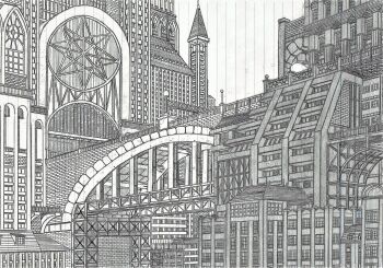 absurdly_detailed_composition architecture bridge building chinese_commentary cityscape commentary_request complex_exterior graphite_(medium) greyscale highres monochrome no_humans original outdoors scenery traditional_media yamaguti