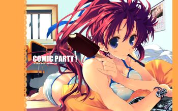 00s 1girl aquaplus ass bare_shoulders blue_eyes breasts camisole cleavage comic_party female_focus fingernails food hair_ribbon highres leaf_(studio) long_fingernails long_hair looking_at_viewer lying medium_breasts mouth_hold on_stomach panties ponytail popsicle red_eyes ribbon see-through_clothes see-through_silhouette solo sweatdrop takase_mizuki underwear