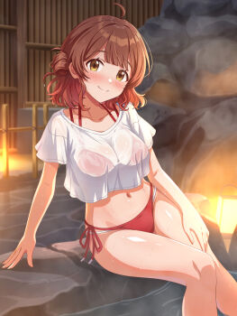Rule 34 | 1girl, bikini, blush, breasts, brown eyes, brown hair, cleavage, closed mouth, collarbone, commentary request, gakuen idolmaster, hanami ume, highres, idolmaster, lantern, large breasts, looking at viewer, medium hair, onsen, red bikini, rock, rocktaso co ltd, see-through clothes, see-through shirt, shirt, short sleeves, side-tie bikini bottom, sitting, smile, solo, steam, swimsuit, thighs, wet, wet clothes, wet shirt, white shirt