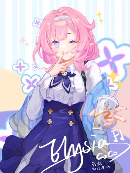 1girl artist_name blue_eyes blue_scarf breasts chinese_commentary commentary_request cup dated disposable_cup elf elysia_(coco)_(honkai_impact) elysia_(honkai_impact) hairband highres holding holding_cup honkai_(series) honkai_impact_3rd large_breasts licking_lips long_hair looking_at_viewer multicolored_background official_alternate_costume one_eye_closed pink_hair pointy_ears procreate_(medium) scarf seawave02974 solo tongue tongue_out white_hairband