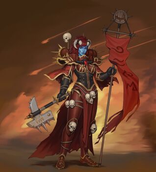 Rule 34 | 1girl, absurdres, adepta sororitas, armor, axe, banner, battle axe, black gloves, blue skin, colored skin, commentary, crossover, demon girl, demon horns, english commentary, facial scar, full armor, full body, gloves, grey horns, hedon bloodrite, highres, holding, holding axe, holding banner, horns, lips, looking at viewer, mole, mole above mouth, nose, parted lips, pelvic curtain, power armor, purple lips, realistic, red armor, red eyes, scar, scar on cheek, scar on face, skull, skull ornament, solo, spiked armor, spiked horns, spikes, standing, warhammer 40k, weapon, yangzheyy, zan (hedon)