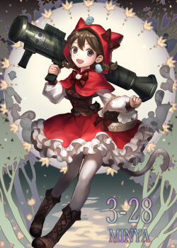 1girl :d animal_ear_hood animal_ears bazooka bird black_eyes boots bow braid brown_boots brown_bow brown_hair cat_tail character_name commentary_request dated elico_nya fake_animal_ears full_body hair_between_eyes hood hood_up killer_cat_(nyanko_daisensou) knee_boots long_sleeves looking_at_viewer low_twin_braids minya_(nyanko_daisensou) nyanko_daisensou open_mouth picnic_basket red_hood rocket_launcher smile solo tail twin_braids weapon