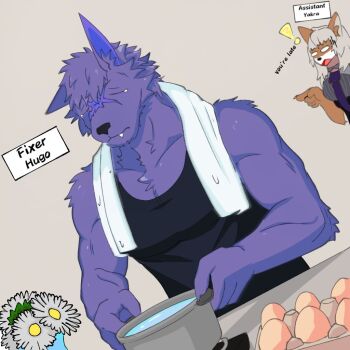 ! chaos_zero_nightmare character_name cooking cooking_pot egg flower furry furry_female furry_male holding holding_cooking_pot hugo_(chaos_zero_nightmare) pointing pointing_at_another purple_fur scar scar_on_face sleeveless sweat towel towel_around_neck yakra_(chaos_zero_nightmare)