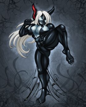 1girl abs absurdres animal_ears animal_print boku_no_hero_academia breasts claws commentary dark-skinned_female dark_skin english_commentary ghostichino highres large_breasts long_hair marvel mask mirko muscular rabbit_ears rabbit_girl red_eyes she-venom spider-man_(series) spider_print venom_(marvel) very_long_hair white_hair