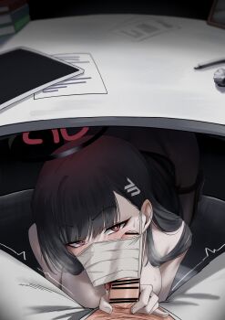 1boy 1girl bar_censor black_hair blue_archive blush breasts censored cliov hair_ornament halo highres large_breasts looking_at_viewer mask non-web_source oral red_eyes rio_(blue_archive) sensei_(blue_archive) third-party_edit