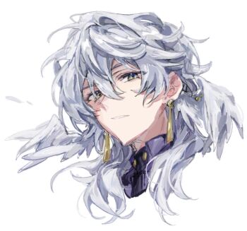 1boy bishounen collared_shirt cropped_shoulders earrings feathered_wings feathers grey_hair hair_between_eyes head_wings highres honkai:_star_rail honkai_(series) jewelry long_hair looking_at_viewer male_focus parted_lips portrait purple_shirt shirt simple_background sketch solo sunday_(honkai:_star_rail) tyoookozuki white_background white_wings wings yellow_eyes