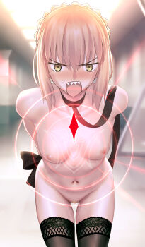 Rule 34 | 1girl, absurdres, angry, arms behind back, artoria pendragon (fate), bdsm, besmiled, black thighhighs, blush, bondage, bound, breasts, choker, collar, colored pubic hair, command spell, fate/stay night, fate (series), female focus, highres, leash, looking at viewer, navel, nipples, nude, pubic hair, pussy juice, restrained, saber alter, sharp teeth, slave, small breasts, solo, sweat, sweatdrop, tearing up, tears, teeth, thighhighs, yellow eyes