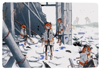 6+girls adachi_rei black_eyes black_hairband black_pantyhose black_shirt black_skirt clone closed_eyes coat colored_skin hair_ornament hairband hairclip holding holding_walkie-talkie industrial_pipe long_hair multiple_girls open_clothes open_coat open_mouth orange_hair outdoors pantyhose robot_girl ruins shirt shoes skirt snow utau w0_0ny_chloe walkie-talkie white_coat white_shoes white_skin wire