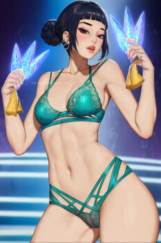1girl aqua_bra aqua_panties black_hair bra breasts cameltoe commentary dagger earrings english_commentary eyeshadow glowing glowing_weapon hair_bun highres holding holding_dagger holding_knife holding_weapon jewelry knife kpop_demon_hunters lace lace-trimmed_bra lace-trimmed_panties lace_trim lingerie looking_at_viewer makeup navel neoartcore paid_reward_available panties short_bangs small_breasts solo stomach teeth underwear upper_teeth_only weapon zoey_(kpop_demon_hunters)