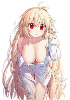 1girl :o absurdres antenna_hair archetype_earth arcueid_brunestud aro_1801 artist_name bare_shoulders blonde_hair blush breasts buttons collarbone commentary_request hair_between_eyes highres large_breasts long_hair long_sleeves looking_at_viewer naked_shirt off_shoulder red_eyes shirt simple_background single_hair_intake solo tsukihime very_long_hair white_background white_shirt